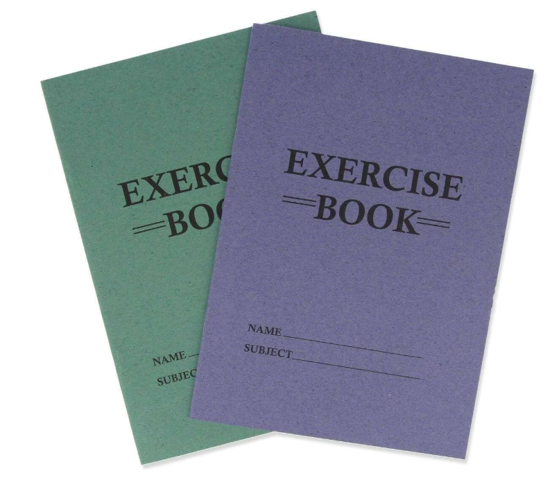 The familiar green and purple exercise books with name and subject lines
